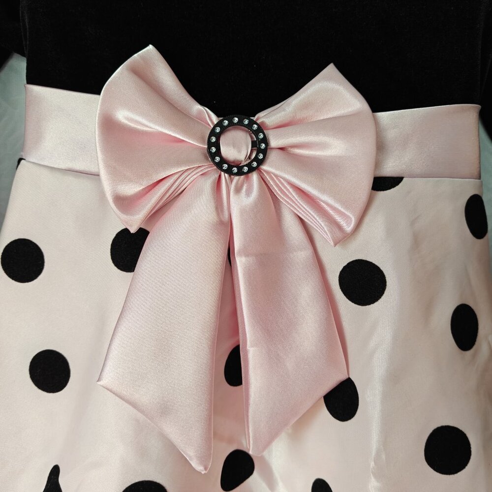 Youngland Girls Long Sleeve Party Dress Holiday Polka Dots Bow Black Pink Size 6 - Picture 2 of 6